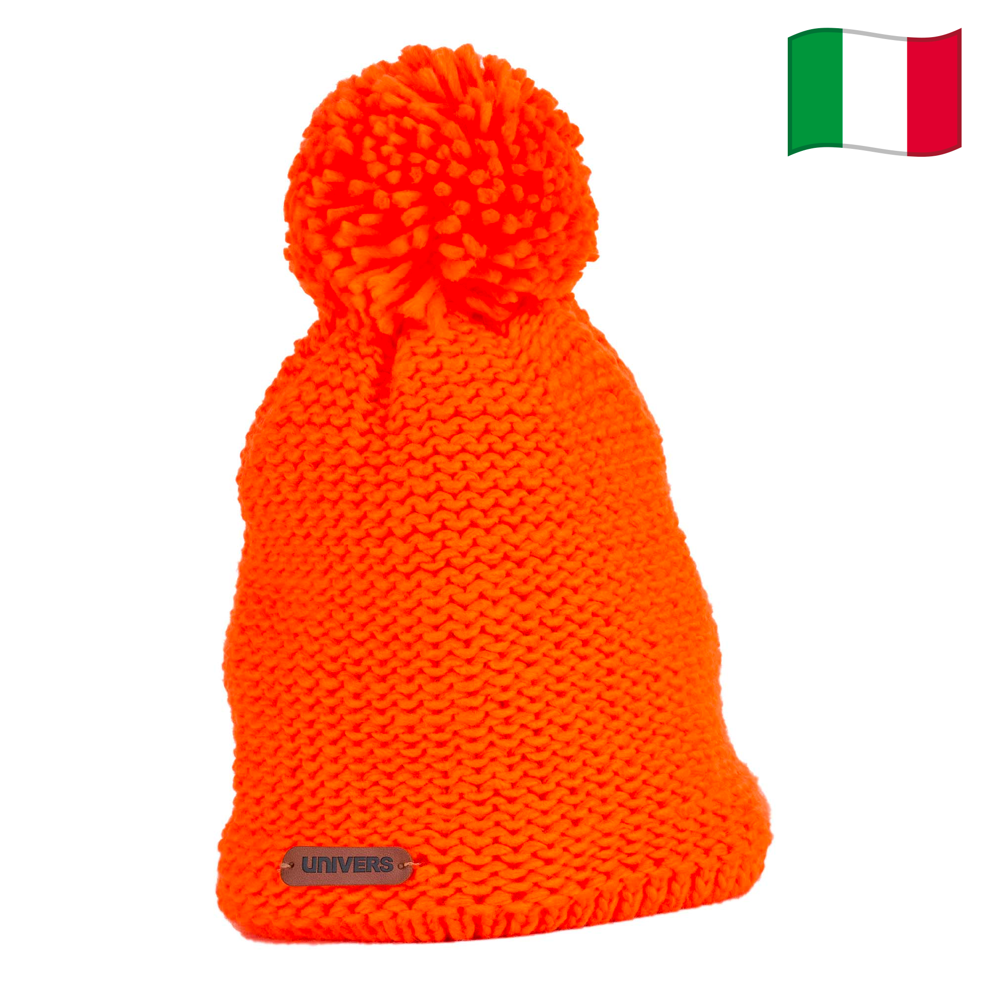 Univers Alpi Men's Knitted Beanie/Toque with Faux Fur Pom (Safety Orange)