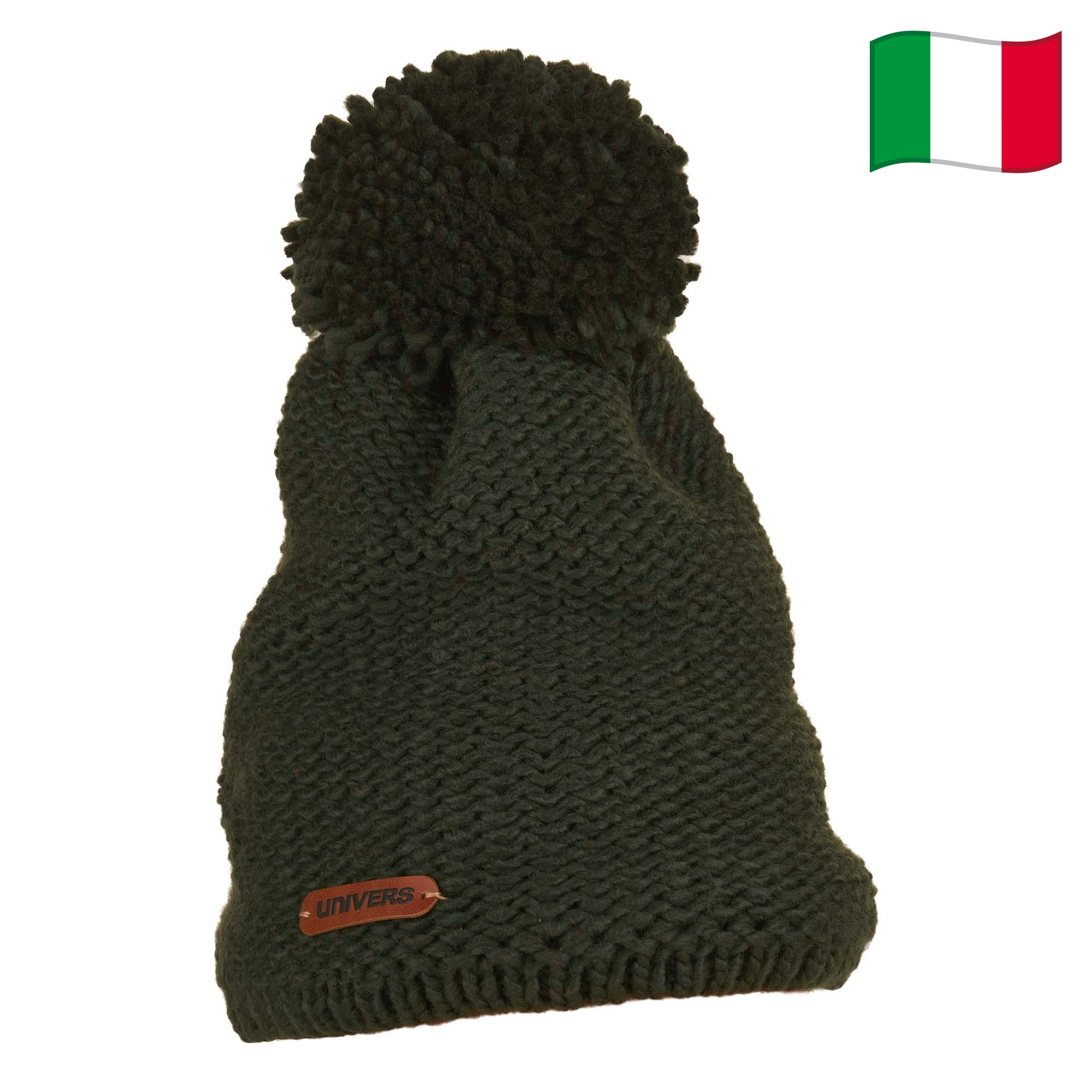 Univers Alpi Men's Knitted Beanie/Toque with Faux Fur Pom (Dark Green)